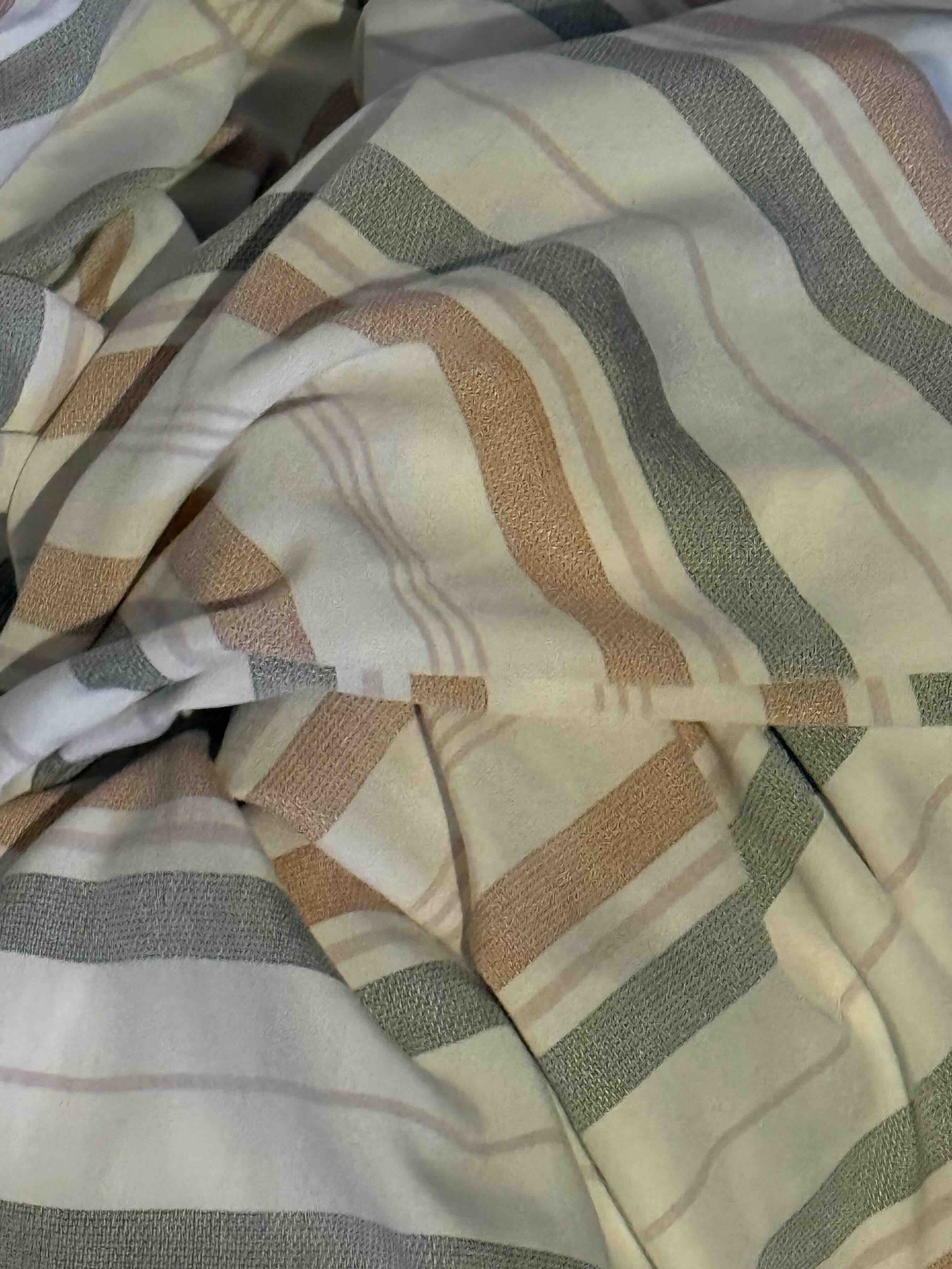100% Viscose, striped cream, grey green and peach
